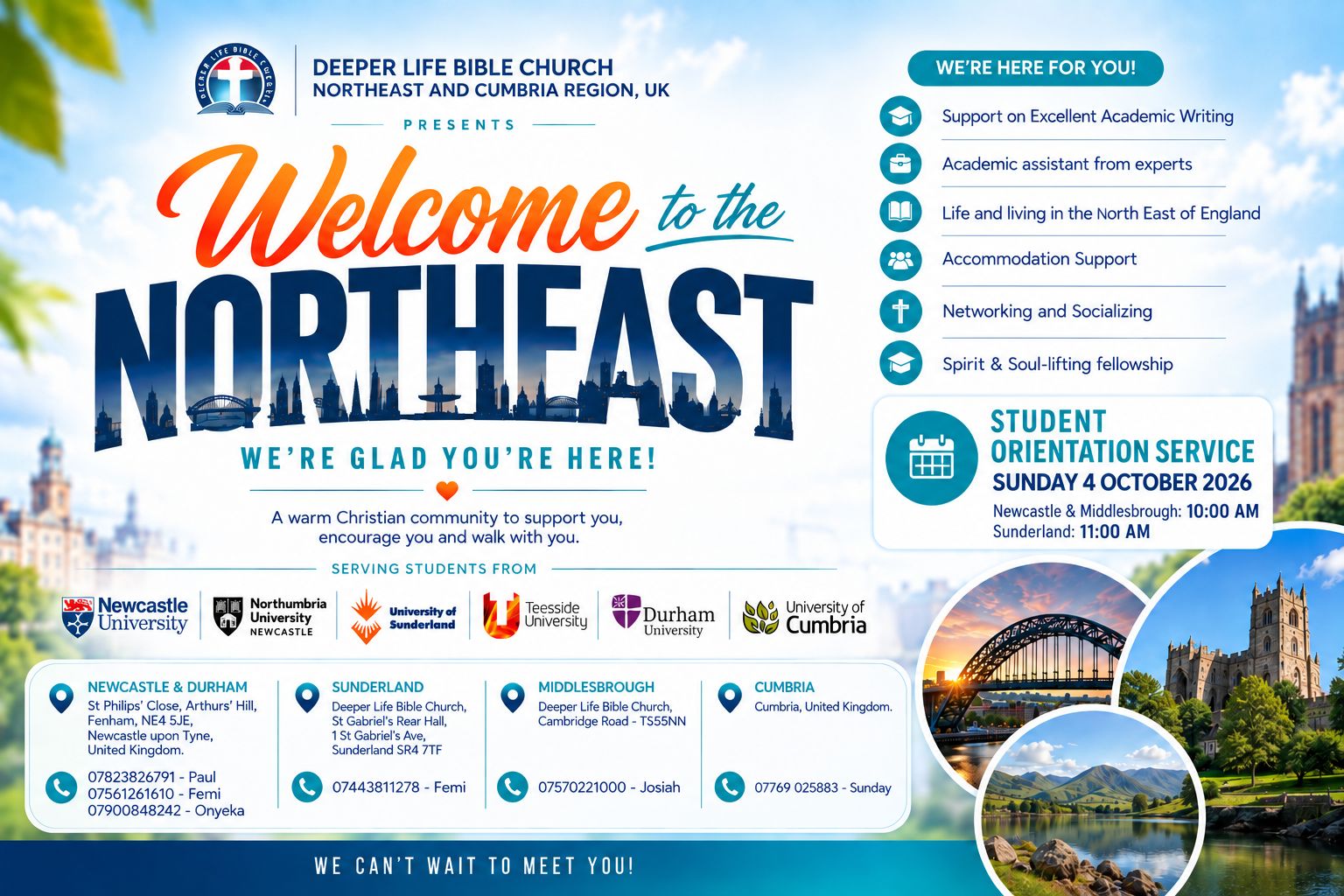 Welcome to the North East — Student Orientation Service flyer, Sunday 4 October 2026